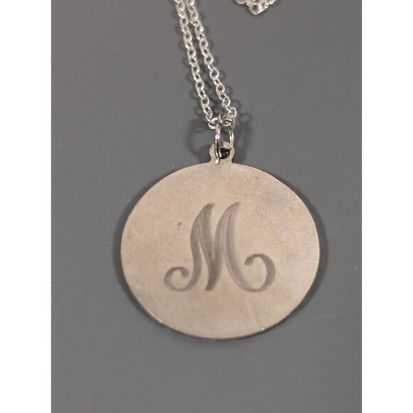 Silver Tone Initial Letter M Etched Round Pendant Necklace Monogram 18 in - Picture 4 of 8